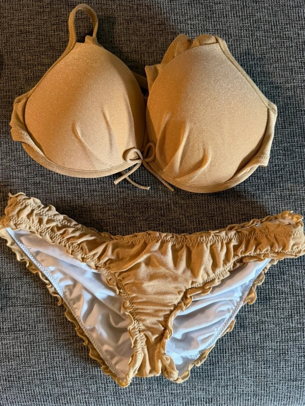 Victoria's Secret Top 34D Bottom S Shimmery Tan Gold-Tone Bikini Set
